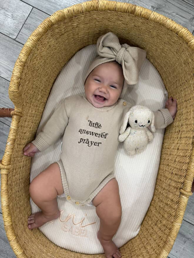 Little Answered Prayer Embroidered Romper | Stone