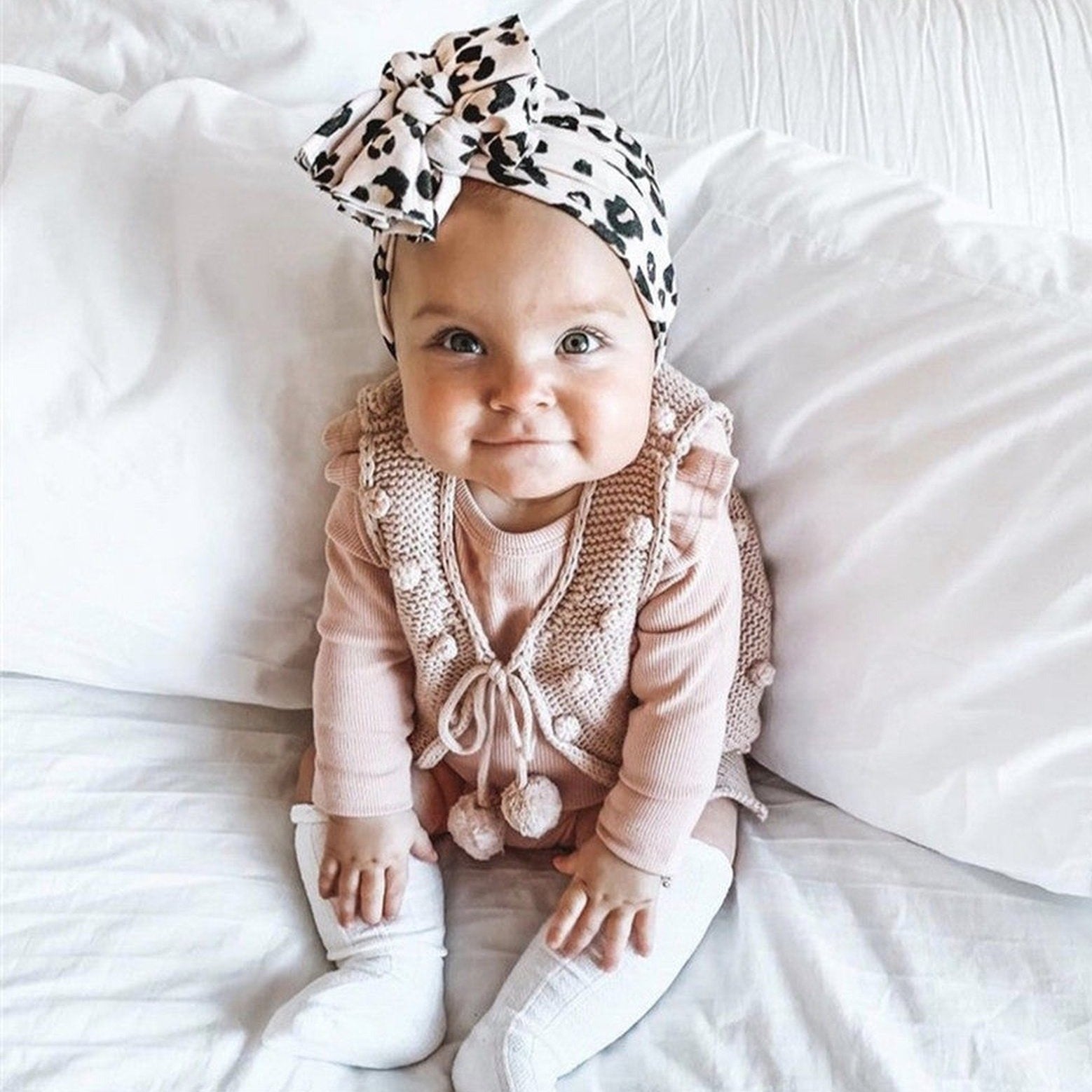 Faith Turban Bow Knot Pearl Leopard Baby Turban Lamb