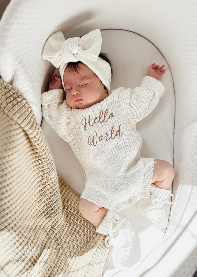 'Hello World' Announcement Romper | Textured Cloud