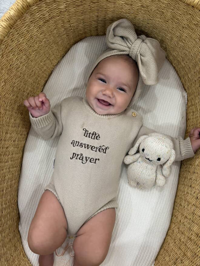 Little Answered Prayer Embroidered Romper | Stone
