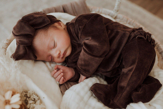 My First Outfit - Corduroy Ruffle Footie & Topknot Set | Chocolate