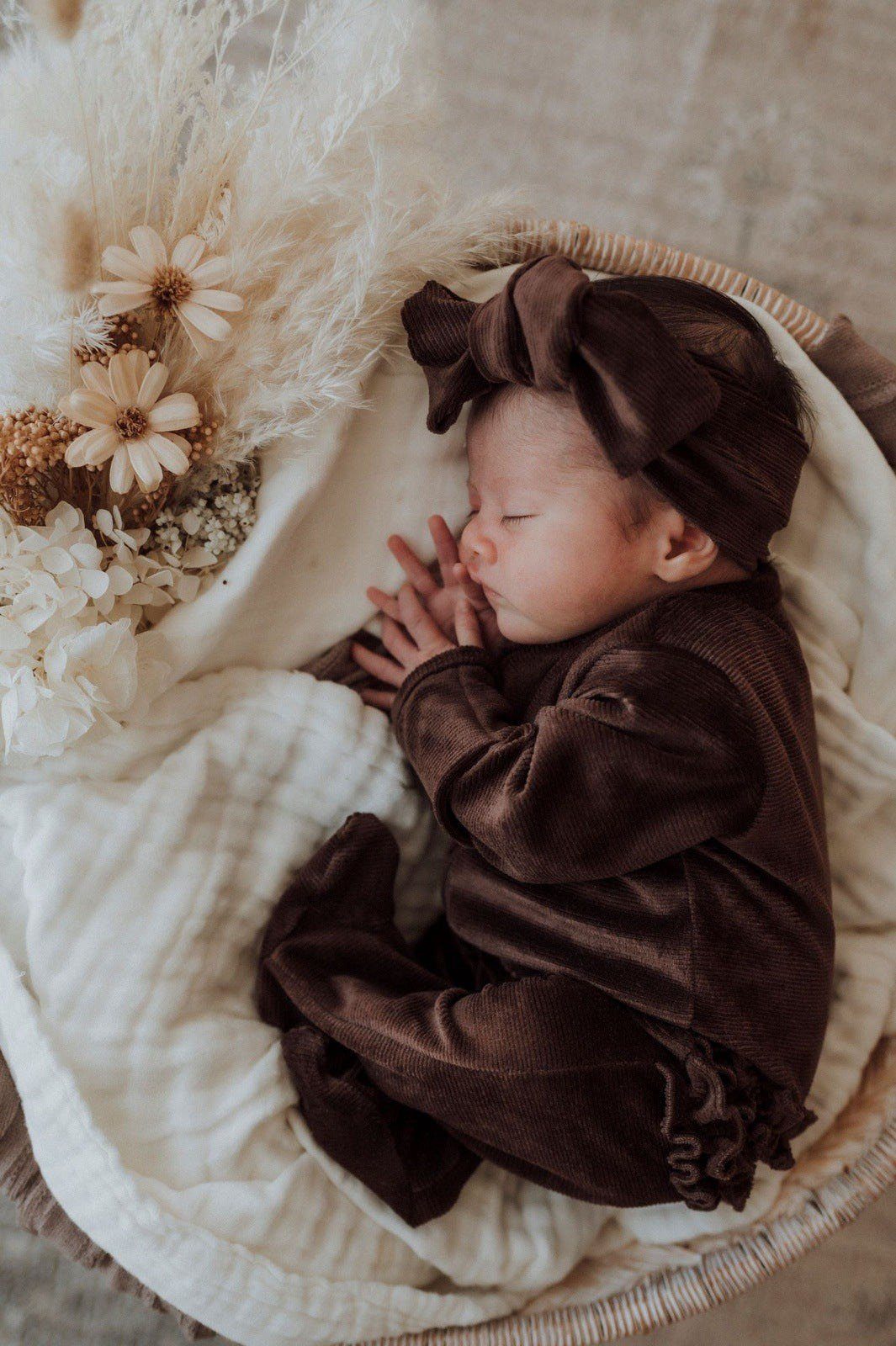 My First Outfit - Corduroy Ruffle Footie & Topknot Set | Chocolate