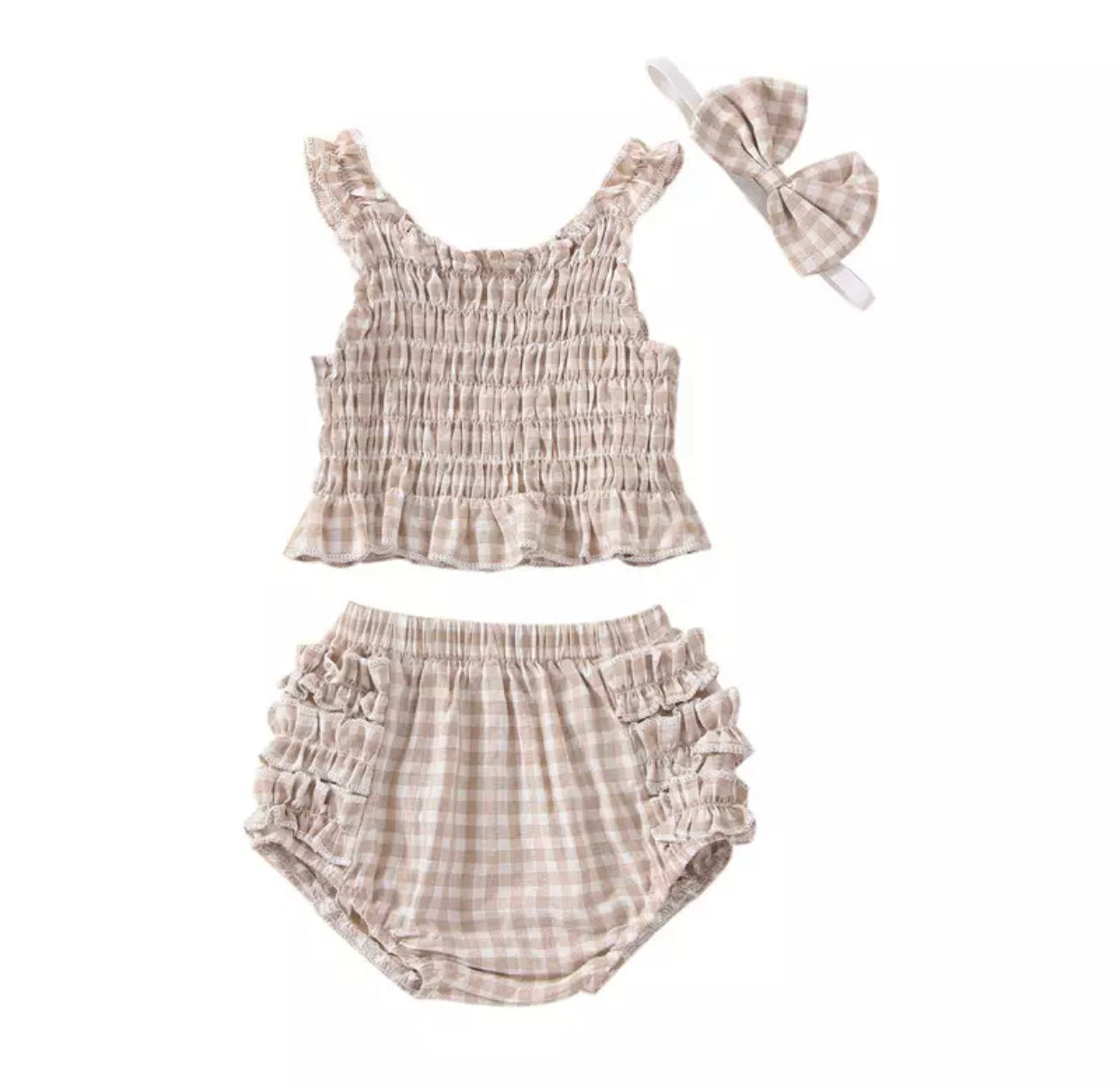 Abigail Ruffle Summer Set-Beige Gingham
