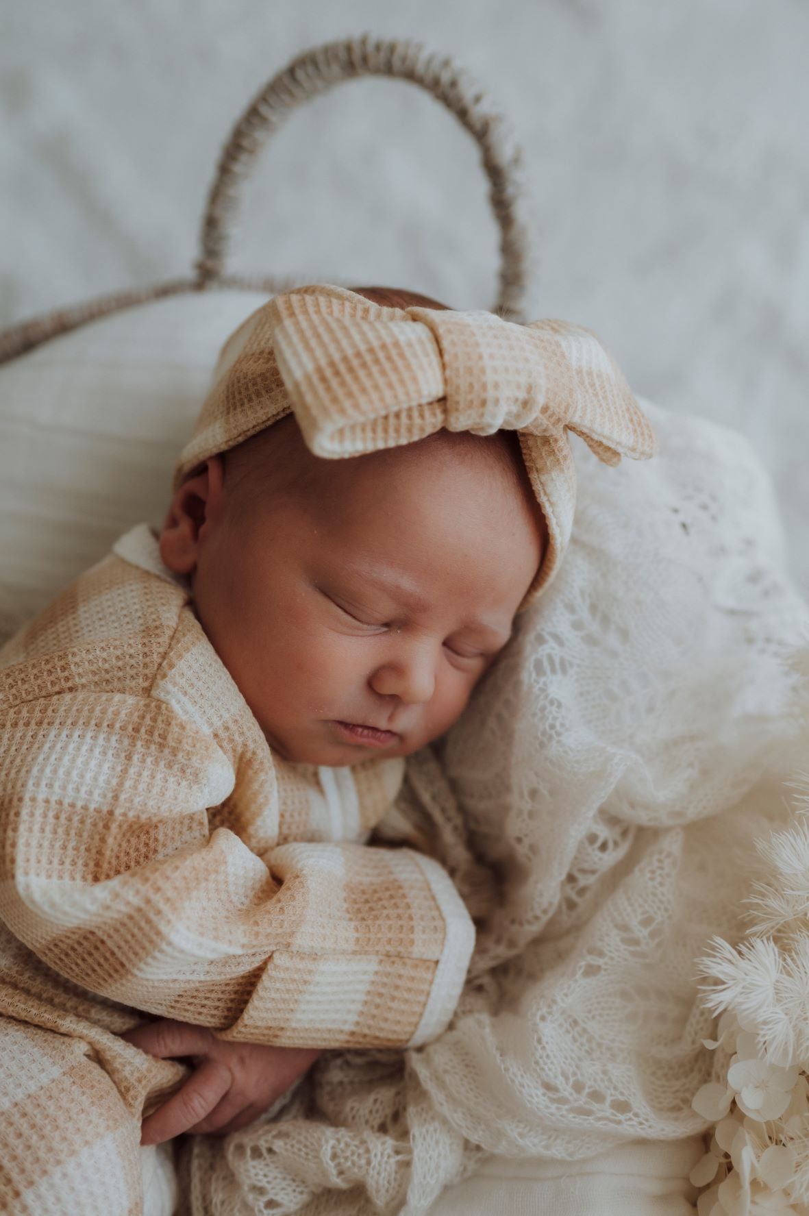 My First Outfit-Ruffle Waffle Footie + Topknot Set-Beige Gingham