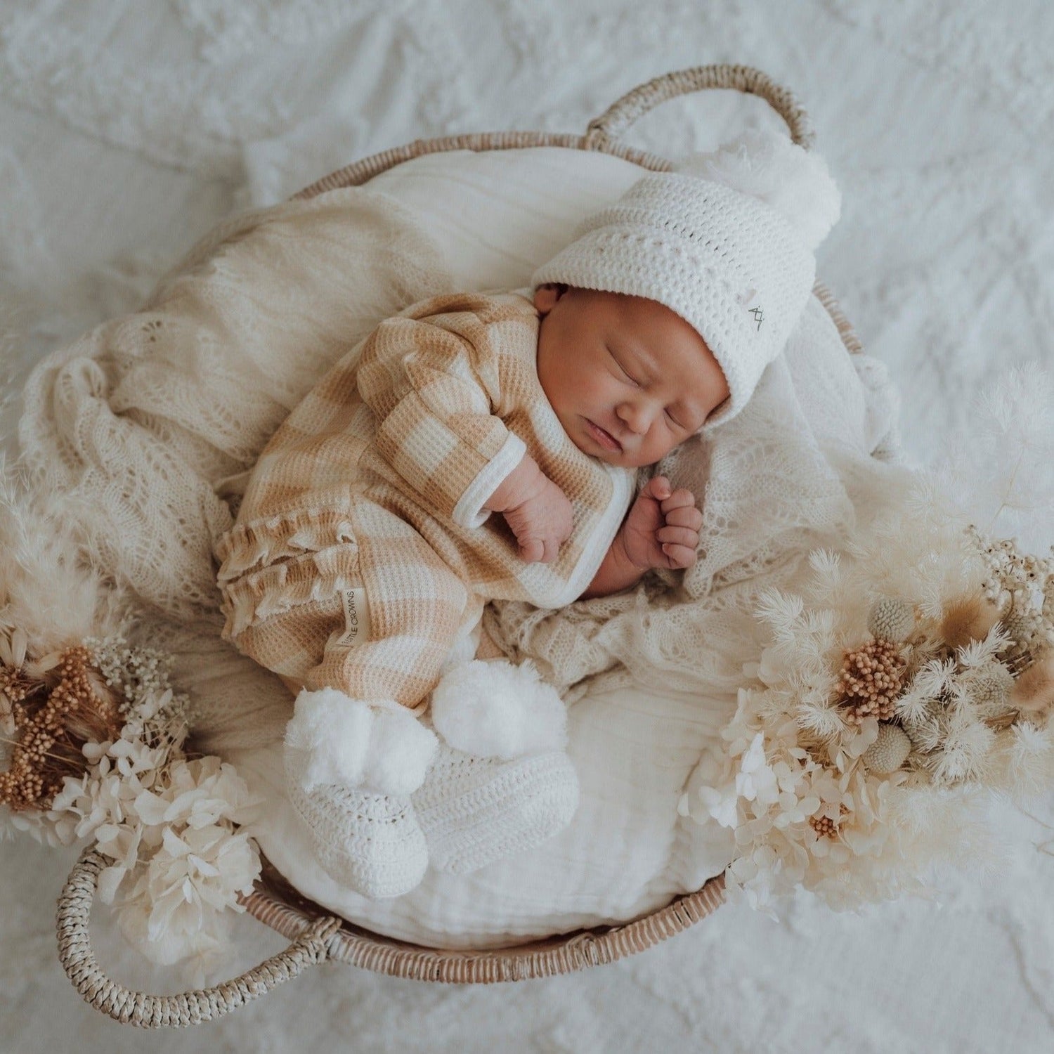 My First Outfit-Ruffle Waffle Footie + Topknot Set-Beige Gingham