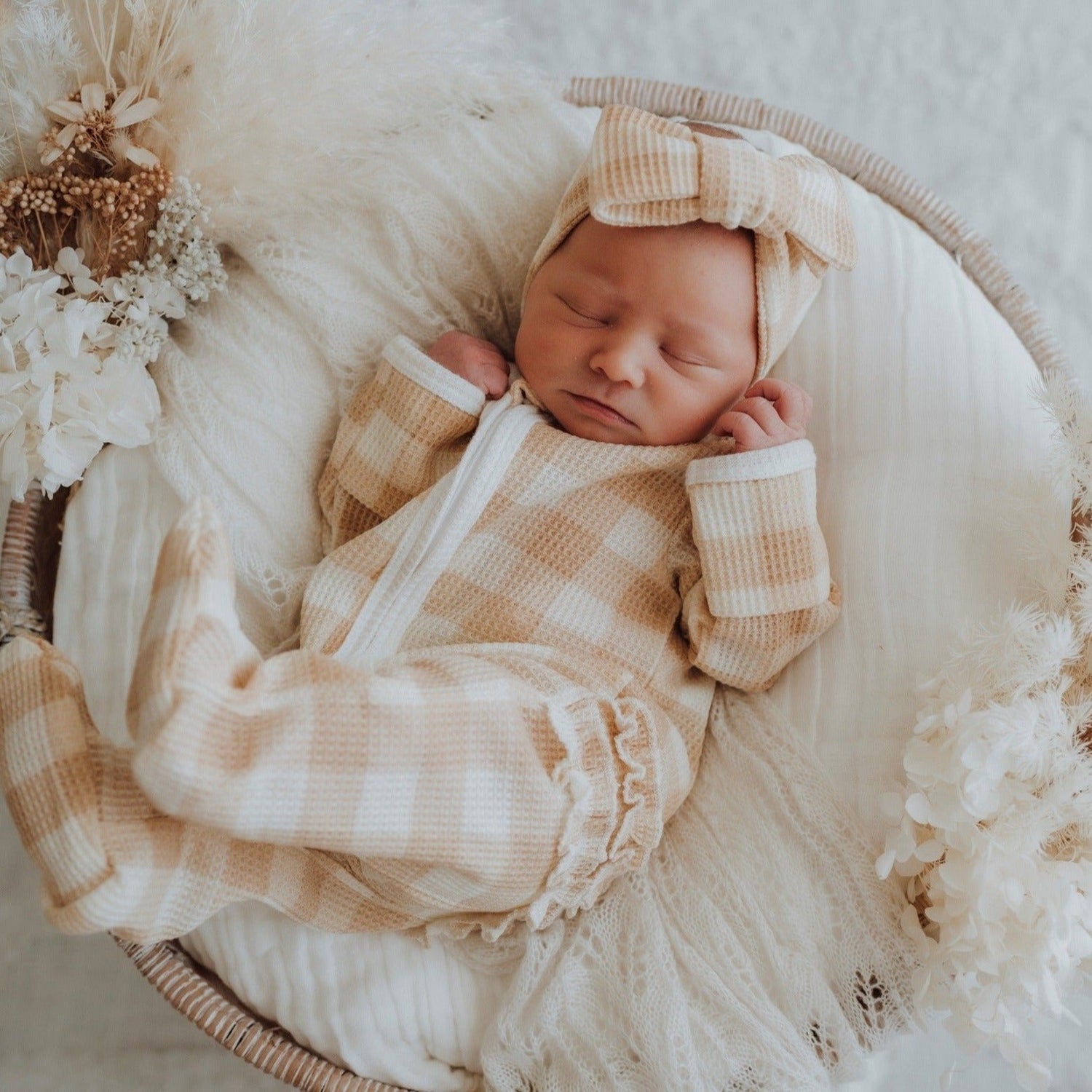 My First Outfit-Ruffle Waffle Footie + Topknot Set | Beige Gingham